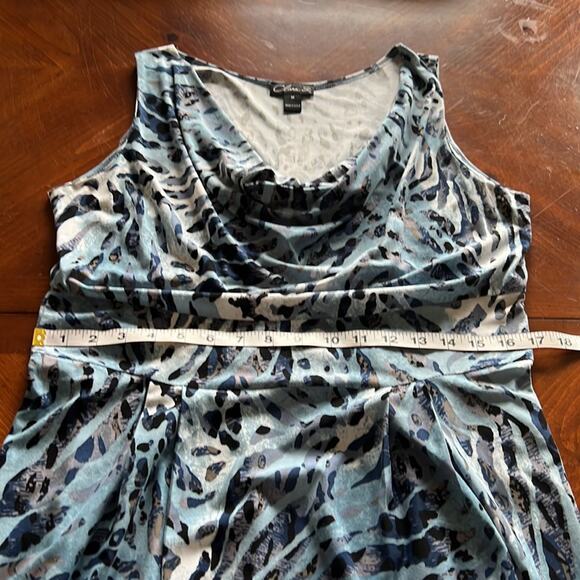 Clara S Blue Animal Print Knit Dress Woman Size Medium Sleeveless Waterfall Neck - Picture 8 of 10
